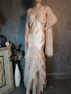 Elegant Light Pink Mermaid Beaded Layered Ruffled Satin Prom Dresses Evening Dresses