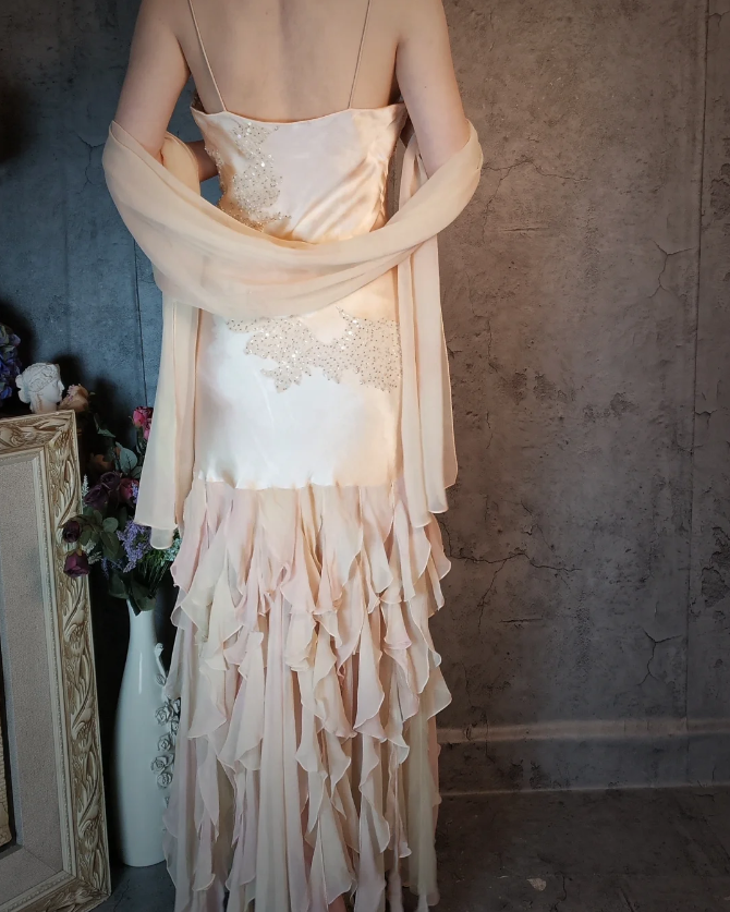 Elegant Light Pink Mermaid Beaded Layered Ruffled Satin Prom Dresses Evening Dresses