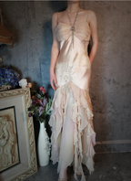 Elegant Light Pink Mermaid Beaded Layered Ruffled Satin Prom Dresses Evening Dresses