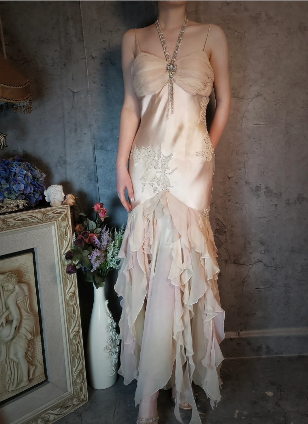 Elegant Light Pink Mermaid Beaded Layered Ruffled Satin Prom Dresses Evening Dresses