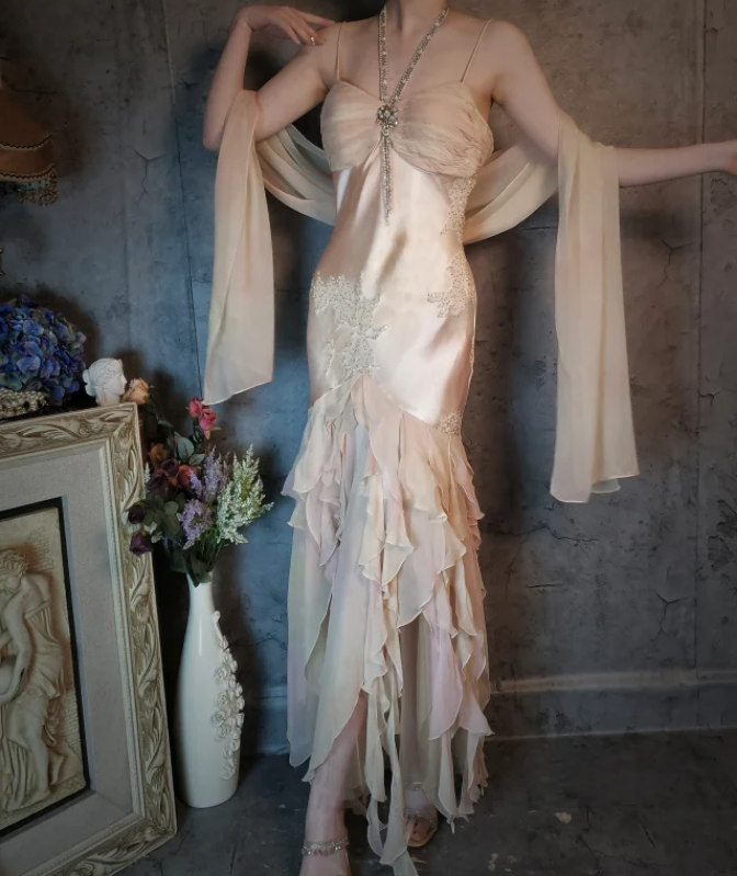 Elegant Light Pink Mermaid Beaded Layered Ruffled Satin Prom Dresses Evening Dresses Main image