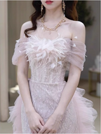 Elegant Light Pink Mermaid Off-The-Shoulder Sequined Sheer Tulle Long Prom Dresses Evening Dresses