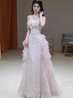 Elegant Light Pink Mermaid Off-The-Shoulder Sequined Sheer Tulle Long Prom Dresses Evening Dresses