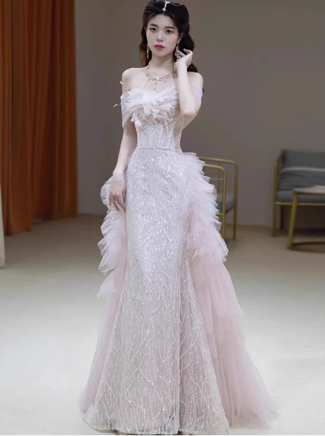 Elegant Light Pink Mermaid Off-The-Shoulder Sequined Sheer Tulle Long Prom Dresses Evening Dresses