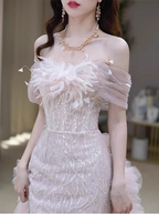 Elegant Light Pink Mermaid Off-The-Shoulder Sequined Sheer Tulle Long Prom Dresses Evening Dresses