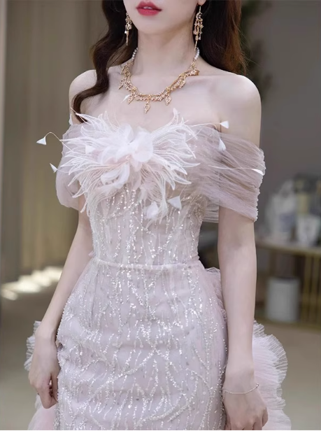 Elegant Light Pink Mermaid Off-The-Shoulder Sequined Sheer Tulle Long Prom Dresses Evening Dresses