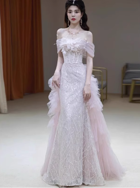 Elegant Light Pink Mermaid Off-The-Shoulder Sequined Sheer Tulle Long Prom Dresses Evening Dresses Main image