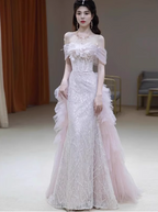 Elegant Light Pink Mermaid Off-The-Shoulder Sequined Sheer Tulle Long Prom Dresses Evening Dresses