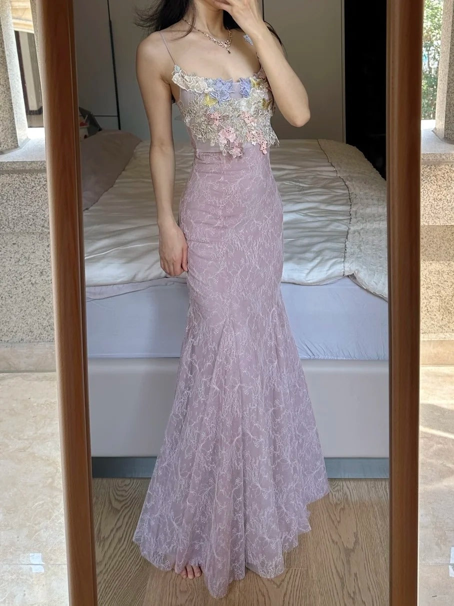 Elegant Light Purple Mermaid Square Neck 3D Floral Lace Long Prom Dresses Evening Dresses Secondary image