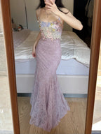 Elegant Light Purple Mermaid Square Neck 3D Floral Lace Long Prom Dresses Evening Dresses