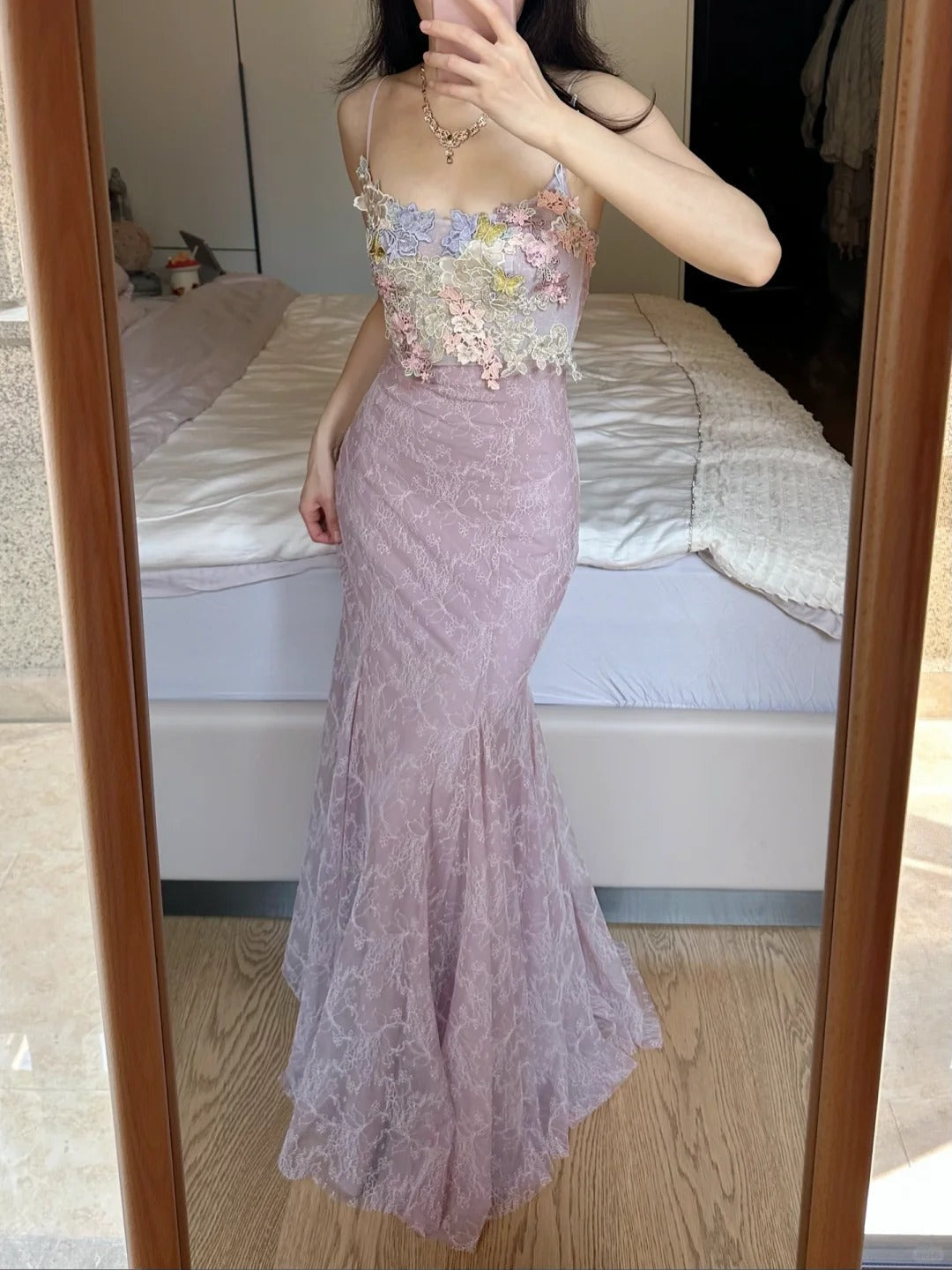 Elegant Light Purple Mermaid Square Neck 3D Floral Lace Long Prom Dresses Evening Dresses