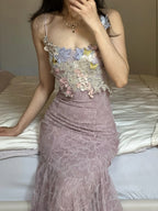 Elegant Light Purple Mermaid Square Neck 3D Floral Lace Long Prom Dresses Evening Dresses