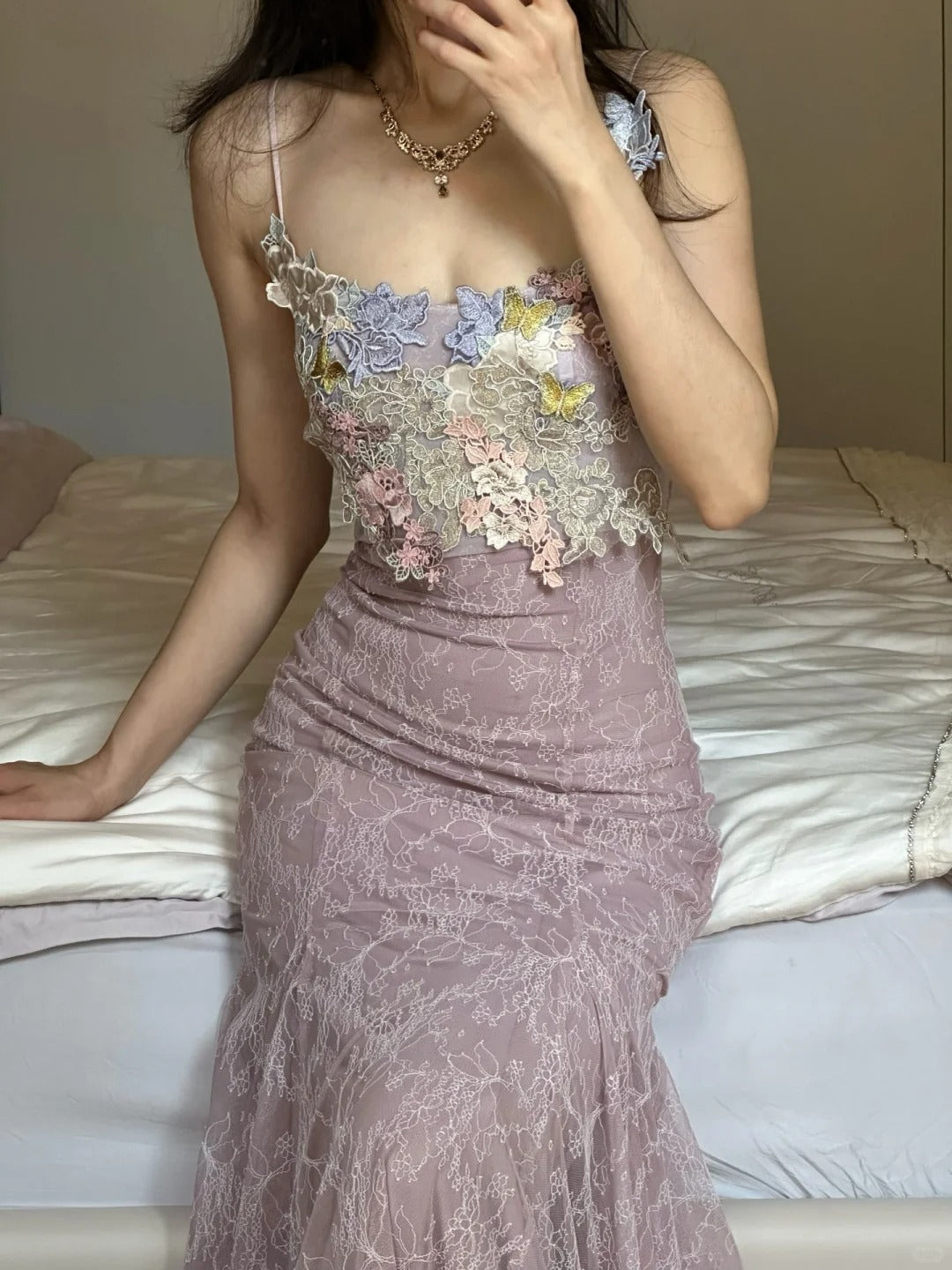 Elegant Light Purple Mermaid Square Neck 3D Floral Lace Long Prom Dresses Evening Dresses