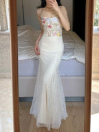 Elegant Light Purple Mermaid Square Neck 3D Floral Lace Long Prom Dresses Evening Dresses