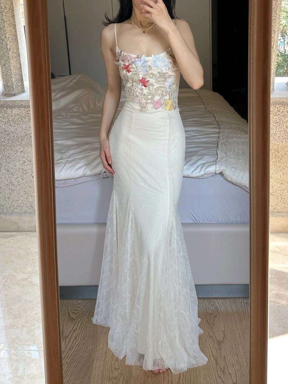 Elegant Light Purple Mermaid Square Neck 3D Floral Lace Long Prom Dresses Evening Dresses