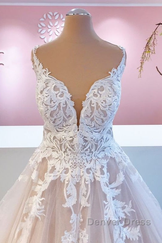 Elegant Long A Line Appliques Lace Tulle Sweetheart Backless Wedding Dresses