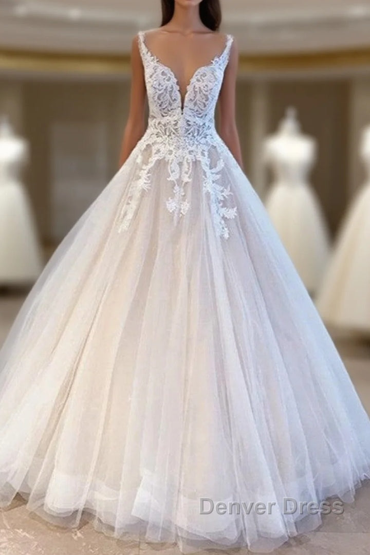 Elegant Long A Line Appliques Lace Tulle Sweetheart Backless Wedding Dresses Main image