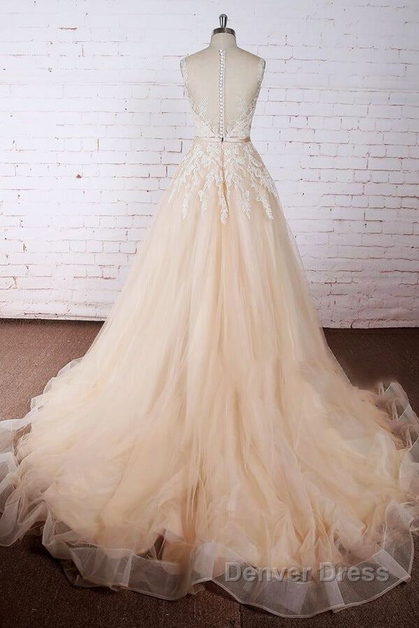 Elegant Long A Line Appliques Lace Tulle Wedding Dresses