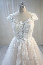 Elegant Long A Line Bateau Backless Appliques Lace Tulle Wedding Dresses