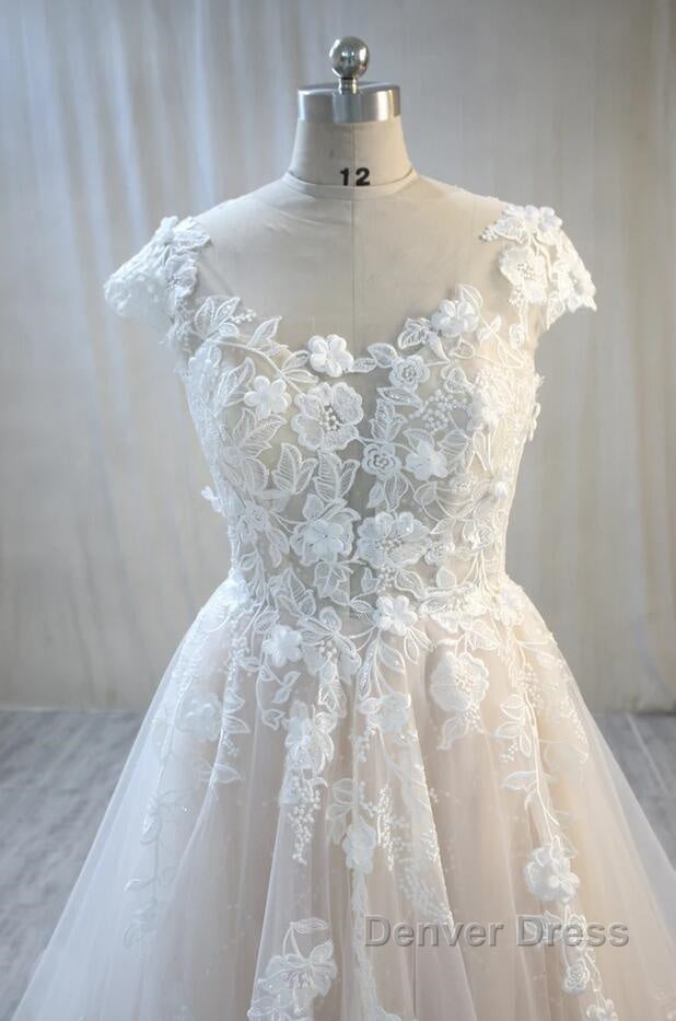 Elegant Long A Line Bateau Backless Appliques Lace Tulle Wedding Dresses