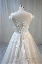 Elegant Long A-Line Bateau Backless Appliques Lace Tulle Wedding Dresses