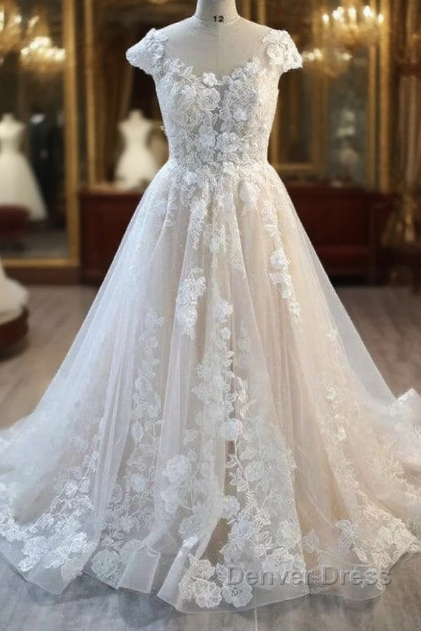Elegant Long A-Line Bateau Backless Appliques Lace Tulle Wedding Dresses