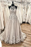 Elegant Long A Line Halter Backless Appliques Lace Tulle Ruffles Train Wedding Dresses