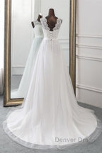 Elegant Long A Line Jewel Tulle Appliques Lace Wedding Dresses