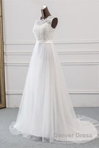 Elegant Long A-line Jewel Tulle Appliques Lace Wedding Dresses
