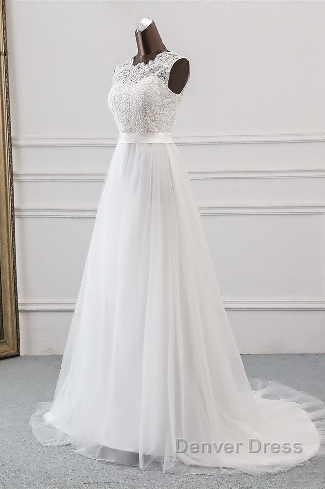 Elegant Long A-line Jewel Tulle Appliques Lace Wedding Dresses