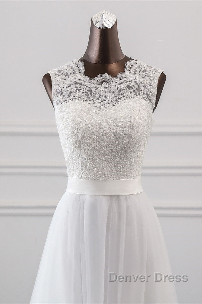 Elegant Long A-line Jewel Tulle Appliques Lace Wedding Dresses
