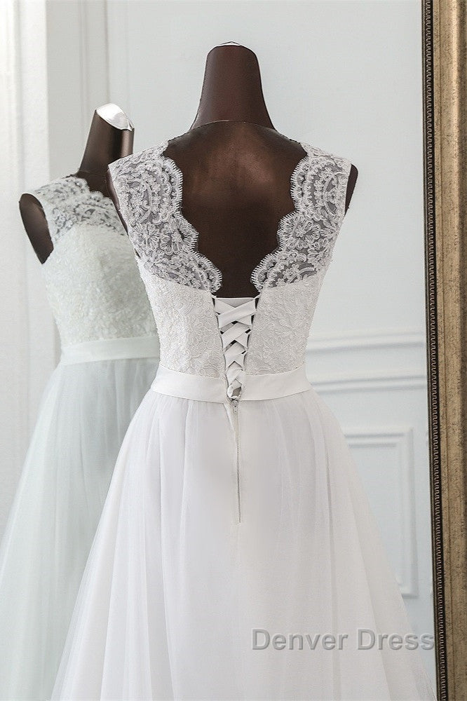 Elegant Long A-line Jewel Tulle Appliques Lace Wedding Dresses