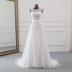 Elegant Long A-line Jewel Tulle Appliques Lace Wedding Dresses
