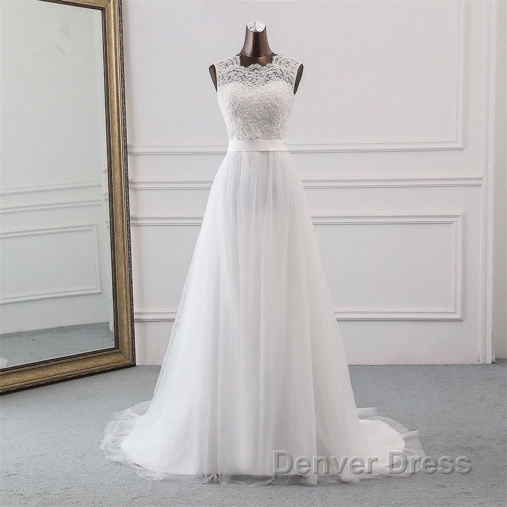 Elegant Long A-line Jewel Tulle Appliques Lace Wedding Dresses