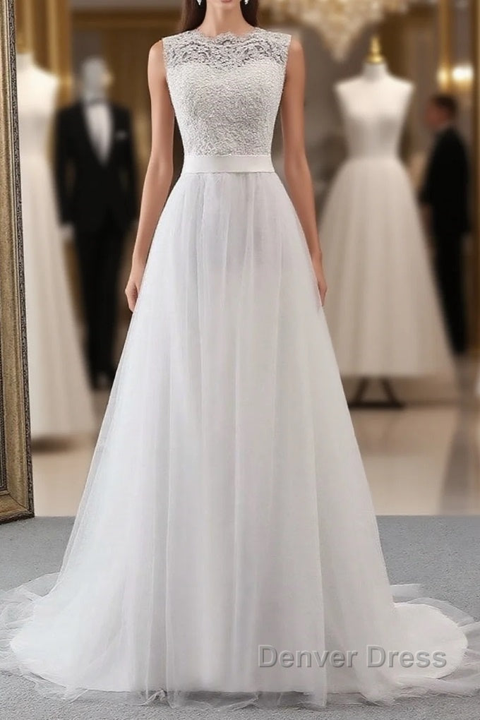 Elegant Long A Line Jewel Tulle Appliques Lace Wedding Dresses