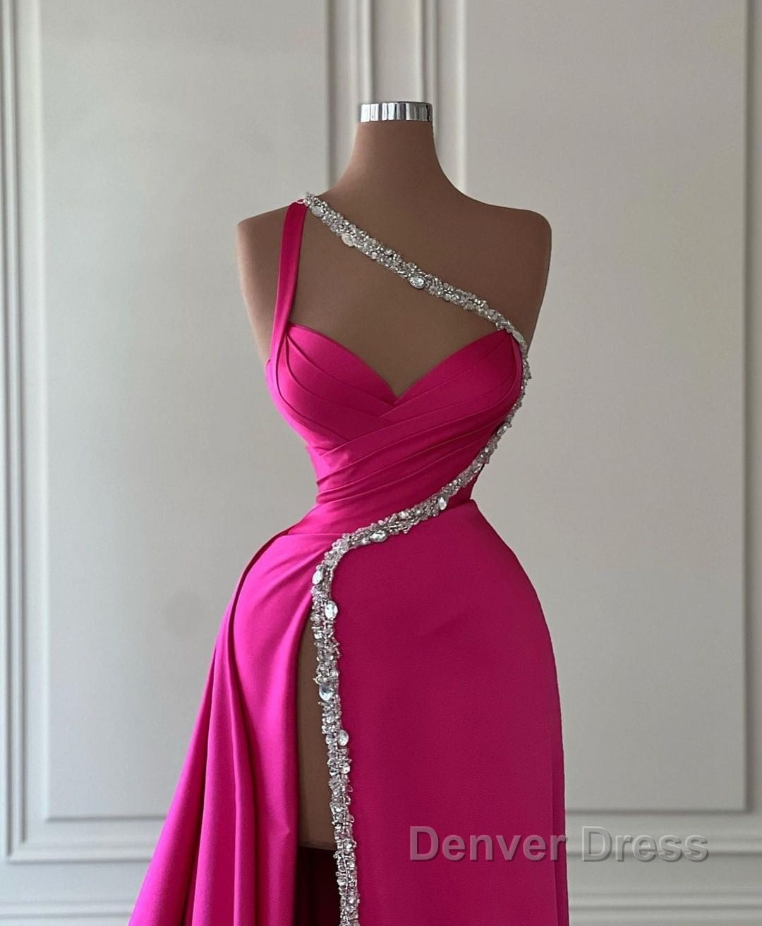 Elegant Long A-line One Shoulder Sweetheart Sleeveless Satin Prom Dresses With Slit