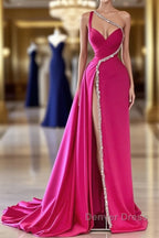 Elegant Long A-line One Shoulder Sweetheart Sleeveless Satin Prom Dresses With Slit