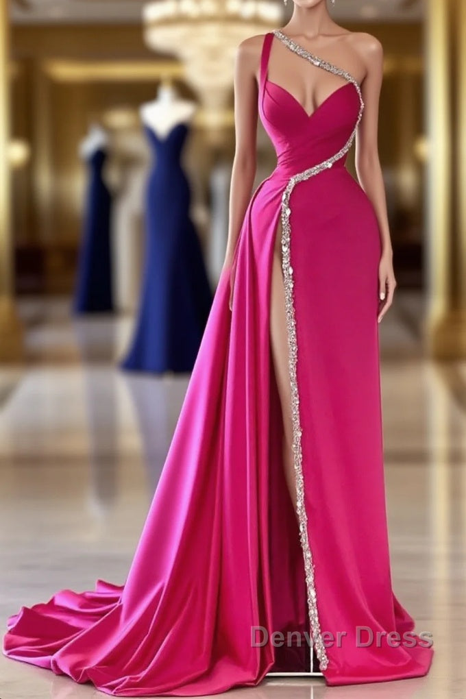 Elegant Long A-line One Shoulder Sweetheart Sleeveless Satin Prom Dresses With Slit