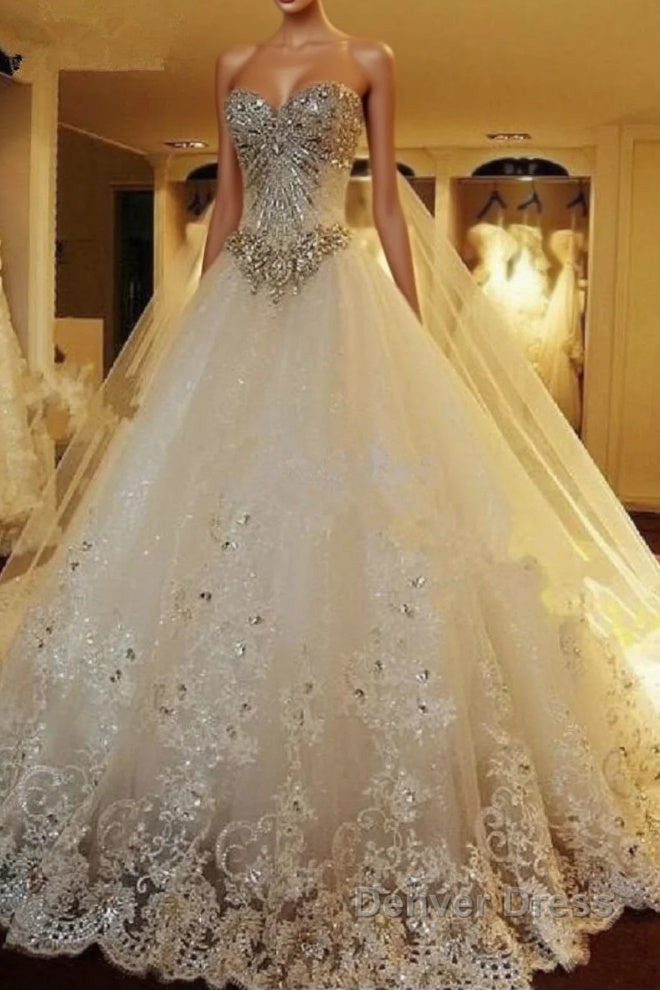 Elegant Long A Line Sweetheart Appliques Crystal Beading Wedding Dresses Main image