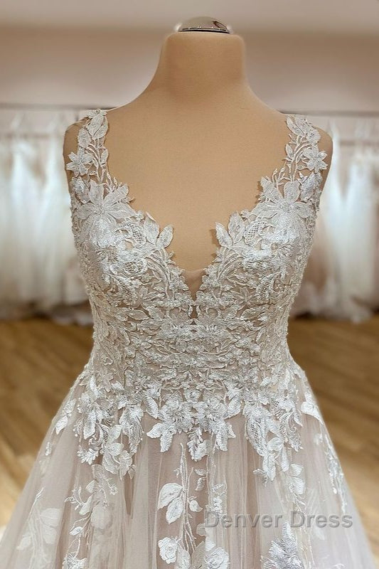Elegant Long A-Line Sweetheart Appliques Lace Tulle Wedding Dresses