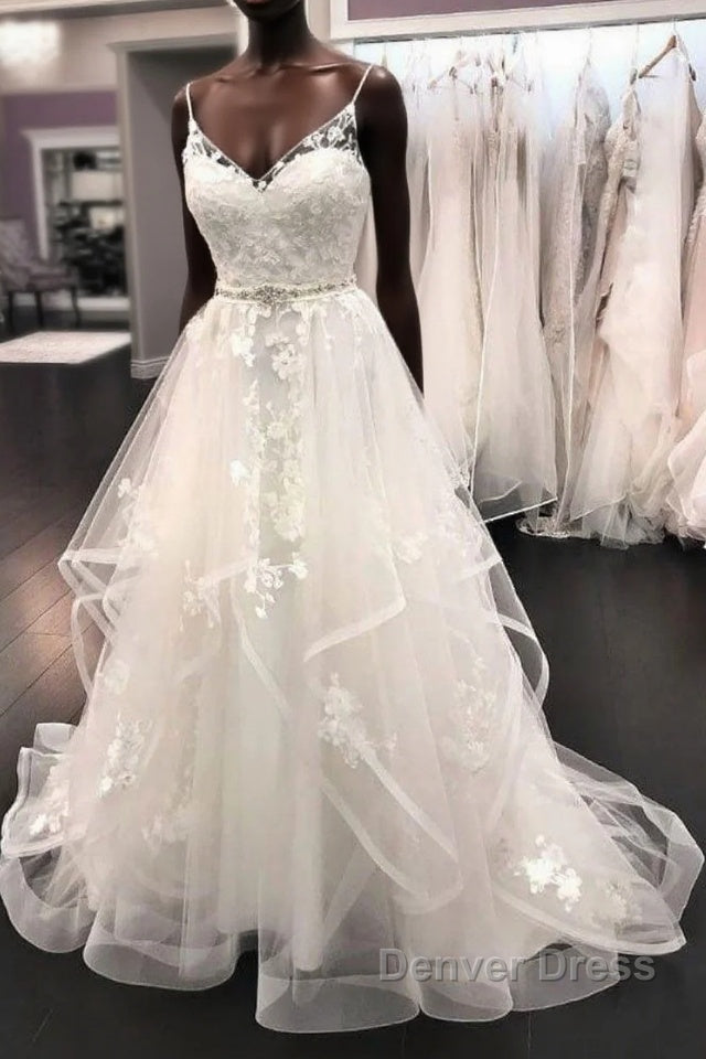 Elegant Long A Line Tulle Lace V Neck Spaghetti Straps Wedding Dresses Main image