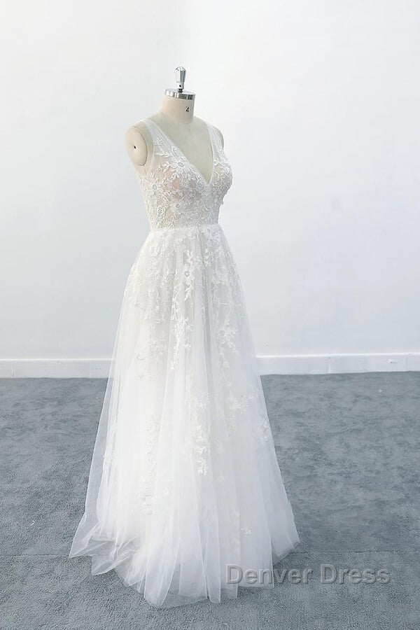 Elegant Long A Line V Neck Appliques Tulle Backless Wedding Dresses