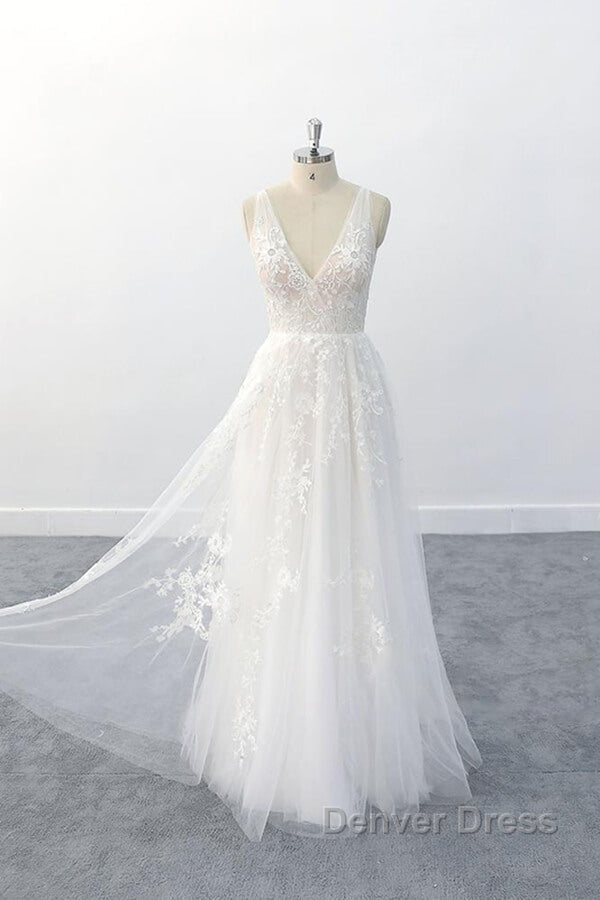 Elegant Long  A-line V-neck Appliques Tulle Backless Wedding Dresses