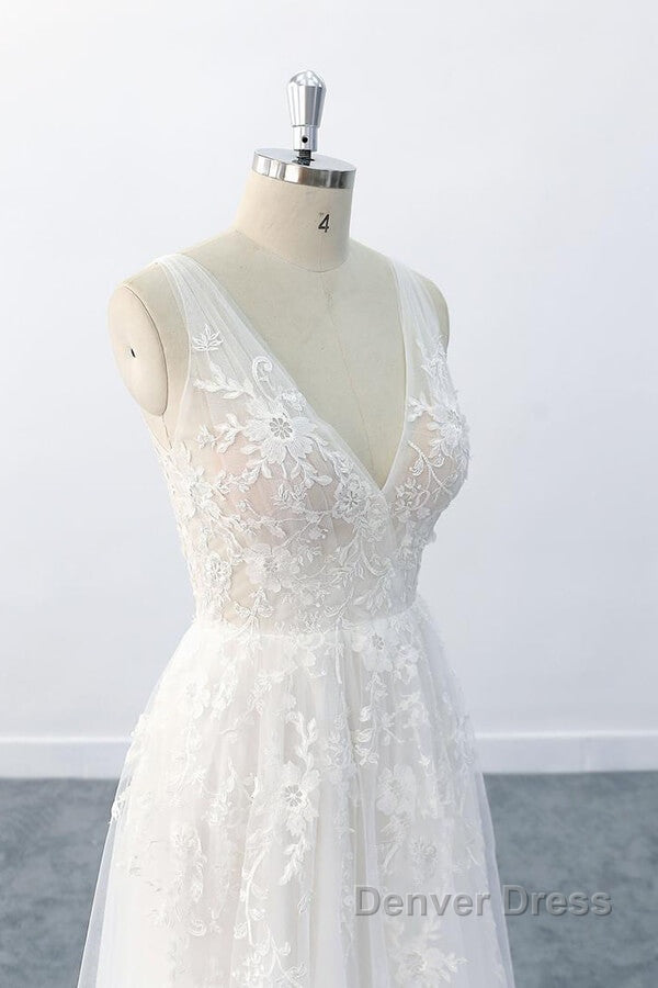 Elegant Long A Line V Neck Appliques Tulle Backless Wedding Dresses