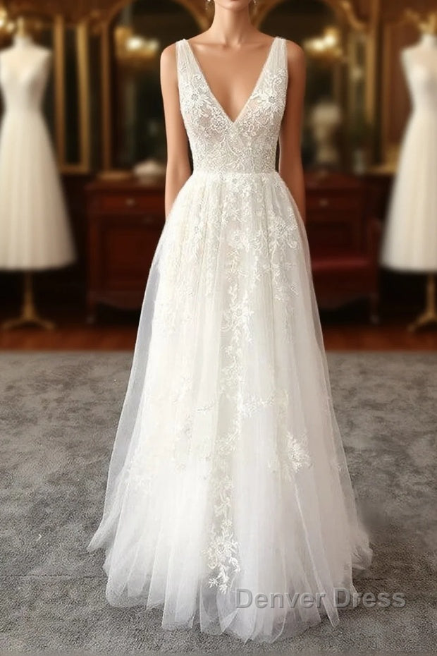Elegant Long  A-line V-neck Appliques Tulle Backless Wedding Dresses Main image