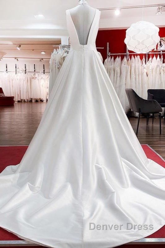 Elegant Long A Line V Neck Satin Ruffles Open Back Wedding Dresses Secondary image