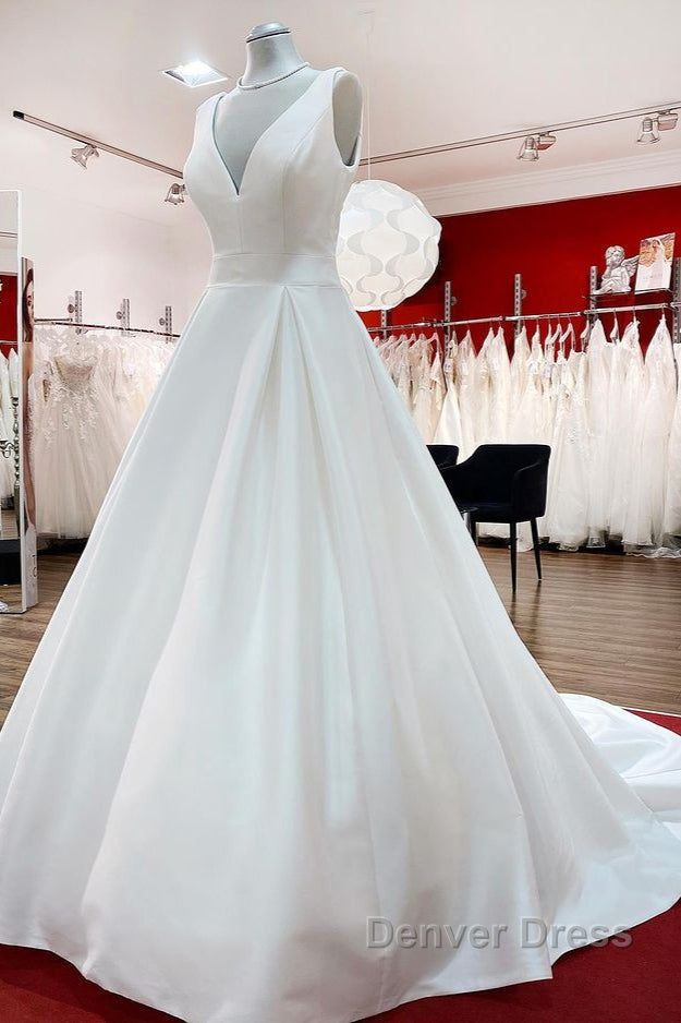 Elegant Long A Line V Neck Satin Ruffles Open Back Wedding Dresses