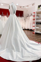 Elegant Long A Line V Neck Satin Ruffles Open Back Wedding Dresses