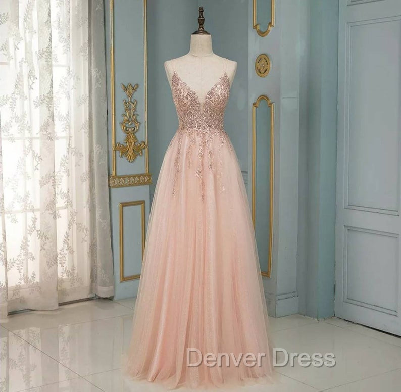 Elegant Long A Line V Neck Sequins Tulle Backless Prom Dresses