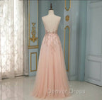 Elegant Long A Line V Neck Sequins Tulle Backless Prom Dresses